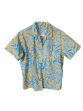 Go Barefoot Womens Hawaiian Shirt Large Yellow Blue Floral Swirl Cotton USA